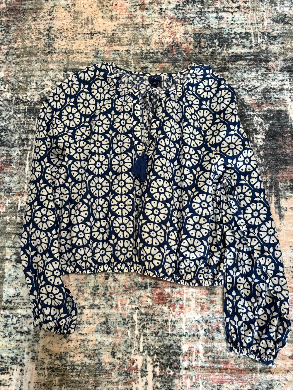 Roller Rabbit Navy and White Tie-Front Medallion Blouse